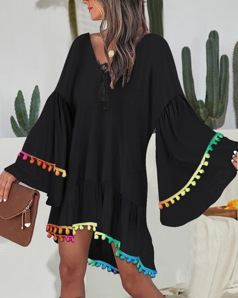 

Colorblock V-Neck Bell Sleeve A Line Tassel Mini Dress Vacation Dress