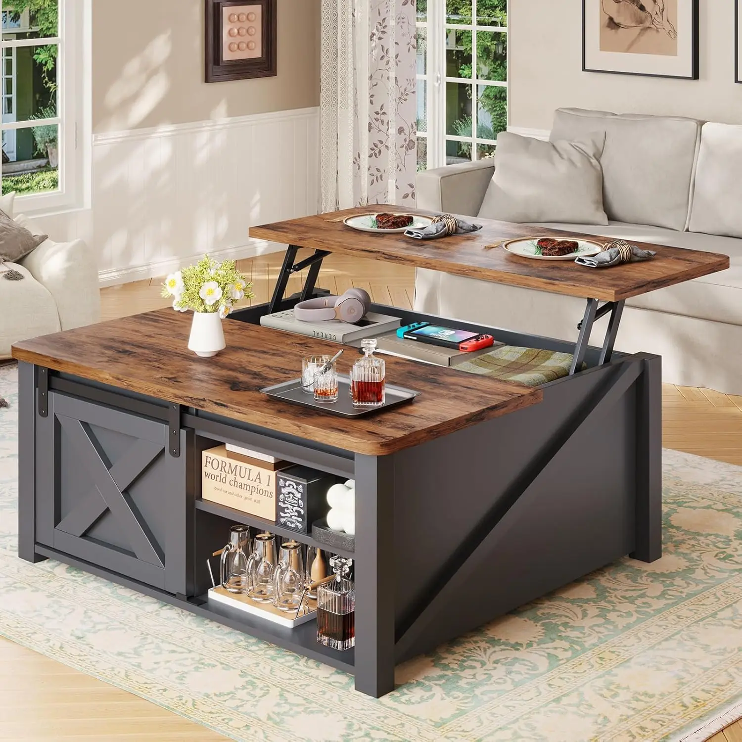 SEDETA 31.5" Lift Top Coffee Table with Storage - Square Farmhouse Table, LargeHiddenCompartment\u0026 Adjustable Shelves, Black