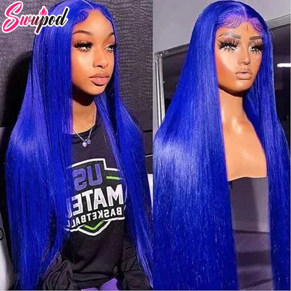 250% 36 Inch Blue Straight 13x6 Lace Frontal 13x4 Lace Front Wigs Body Wave Human Hair Wigs Pre-plucked Blue Colored Glueless