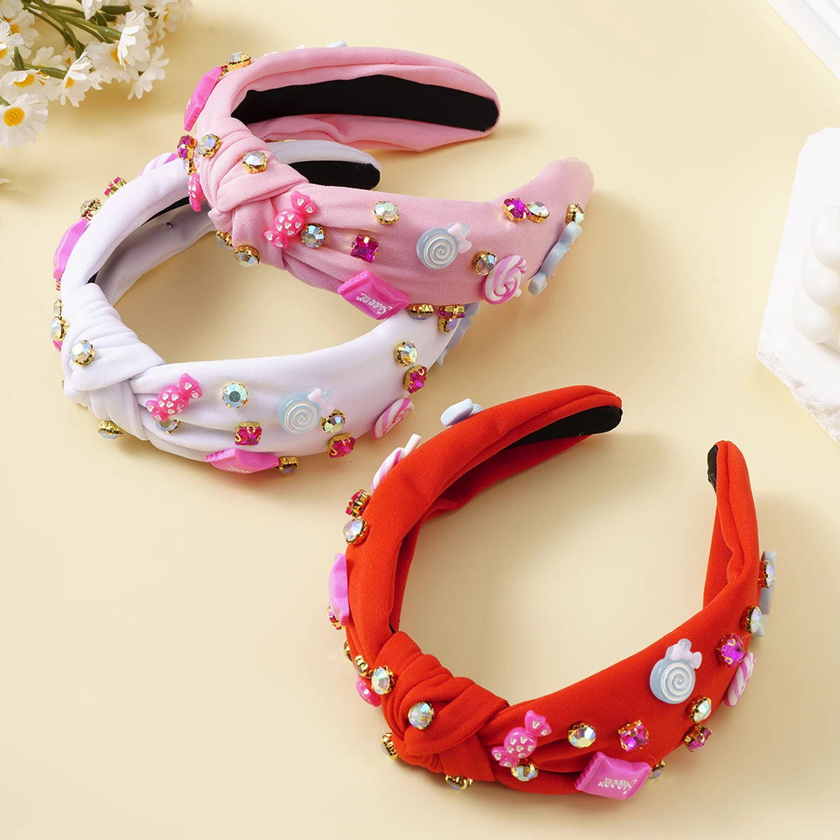 Ikat Rambut Simpul Busur Permen Merah Muda Mode Korea Ikat Kepala Berlian Imitasi Anak Perempuan Manis Aksesori Rambut Elastis Simpai Rambut Pesta Pernikahan