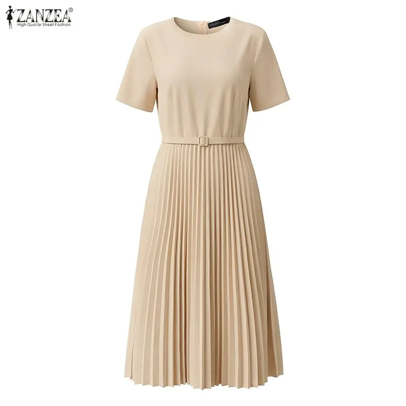 ZANZEA Damen-Kleid, elegant, schick, plissiert, Midikleid, Sommerkleid, stilvoll, O-Ausschnitt, kurzärmelig, A-Linie, OL-Arbeitskleider, einfarbig, Vestidos – Detail 10