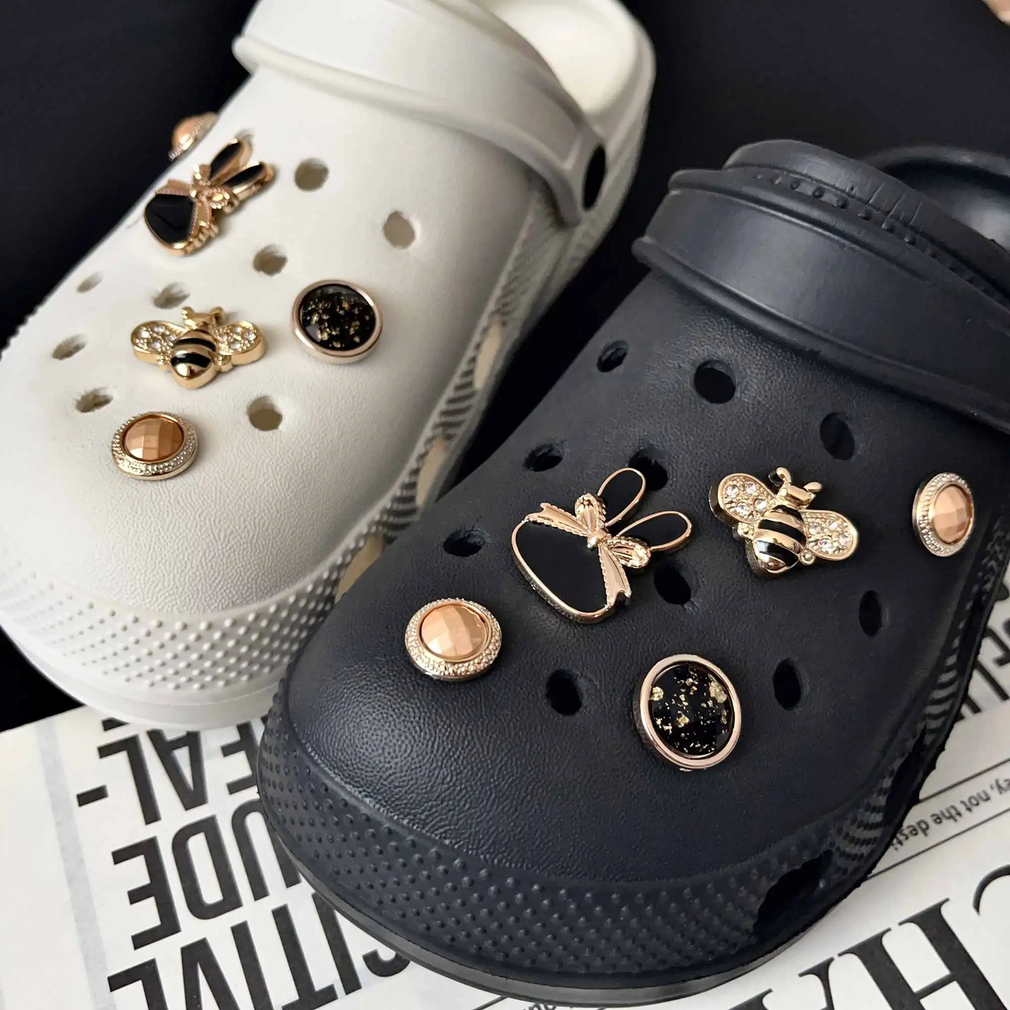 

Black Golden Retro Cute Rabbit Bee Set Rhinestone Shoe Charms for Crocs Garden Sandals Slipper Accessories Clogs Pins Girl Gift