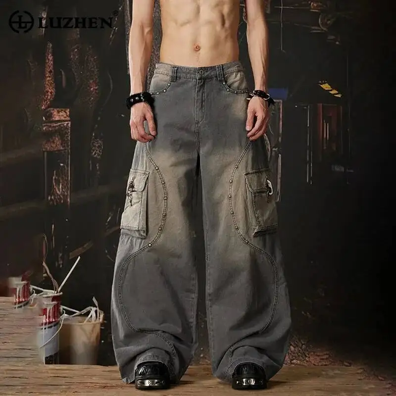 

LUZHEN 2026 New Original Gradient Washed Many Pockets Rivet Metal Patchwork Wide Leg Jeans Men Fashion Street Denim Pants JY6616
