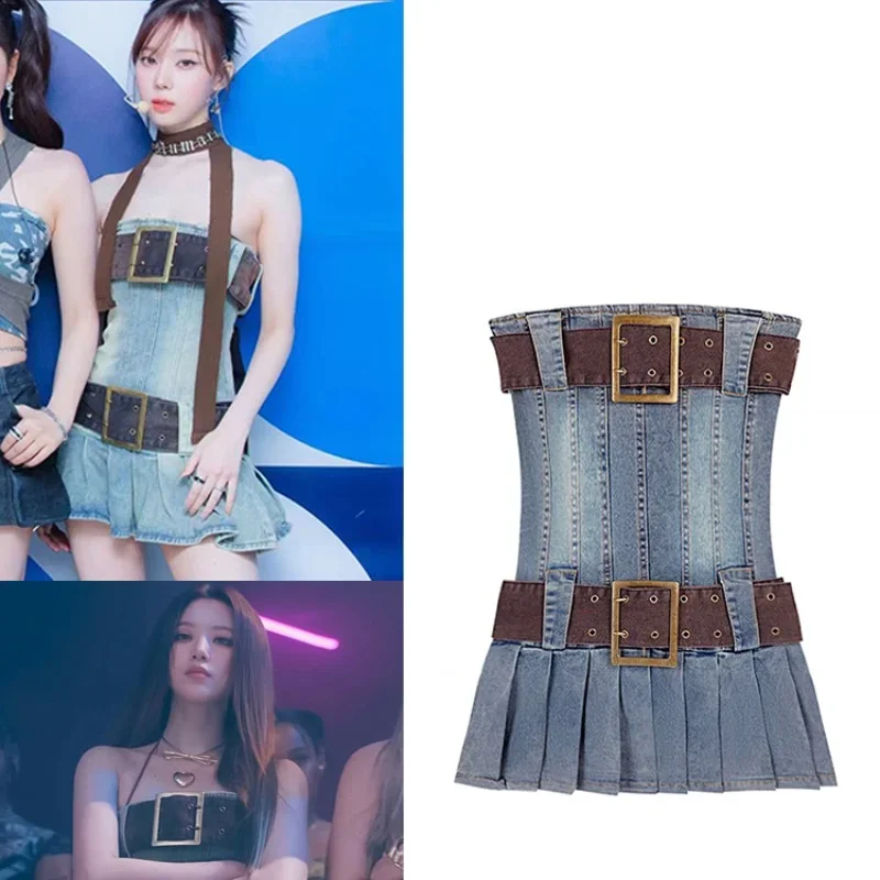 Kpop Korean Singers Female Costume Blue Denim Wrap Chest Dress Women Y2k Clothes Concert Performance Hot Girls Sexy Stage Wear