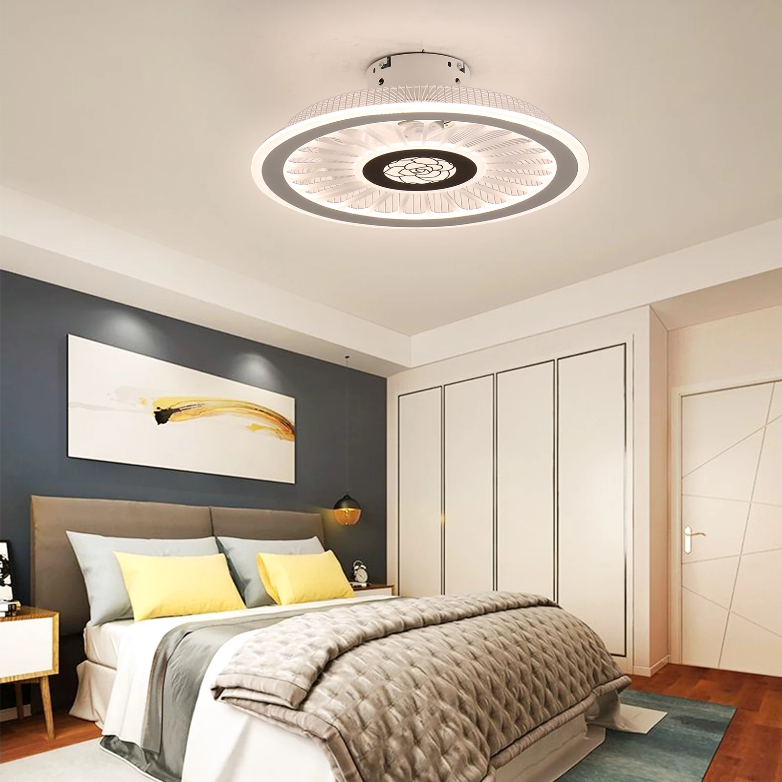 Modern Ceiling Fan Light Remote Flush Mount LED Chandelier Lamp 3 Speed Dimmable