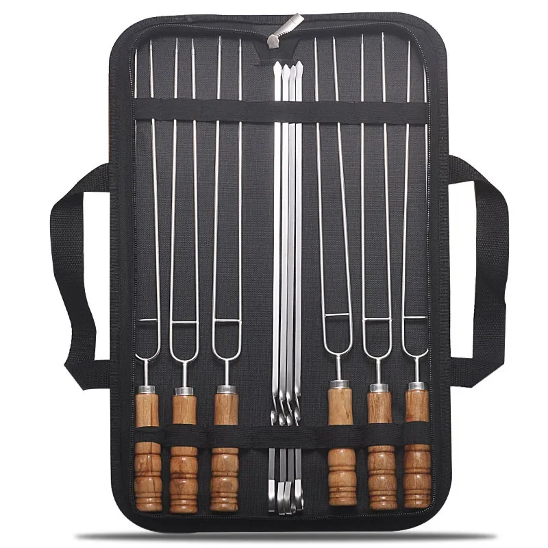 10 PCS/Set Stainless Steel Wire BBQ Skewers Wood Handle Grill Roasting Sticks Outdoor Camping BBQ Tools Storage Bag Kit