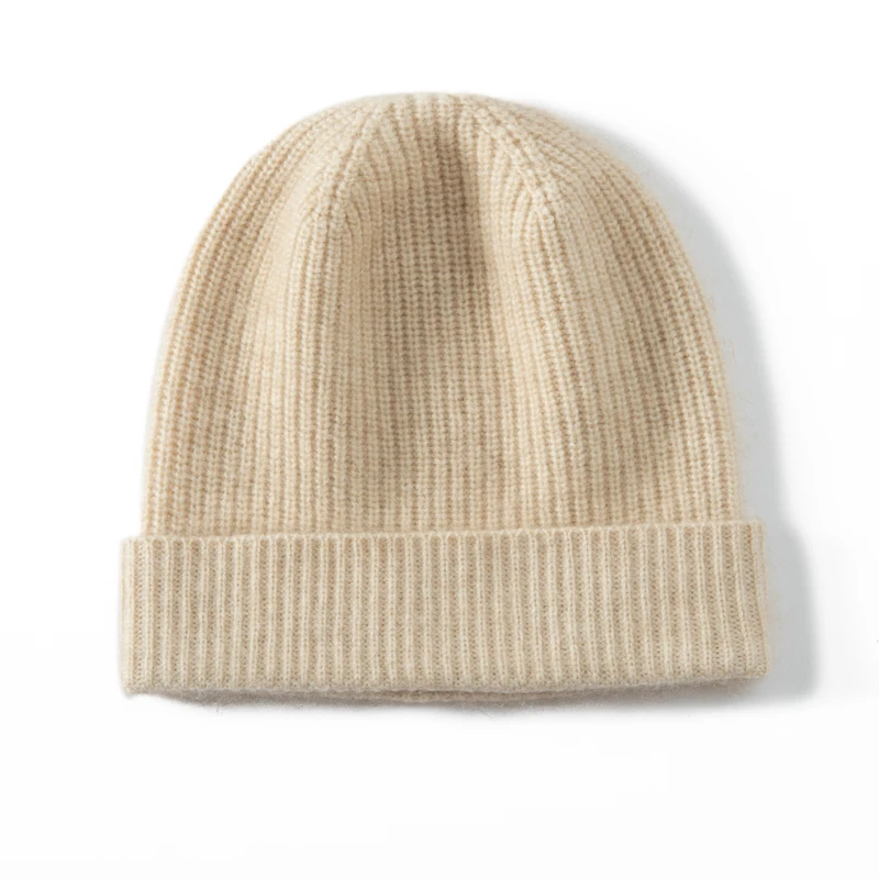 KOIJINSKY Women Autumn Winter 35% Cashmere 65% Merino Wool Vertical Ribbed Knit Beanie Solid Color Cuffed Roll Brim Elastic Soft