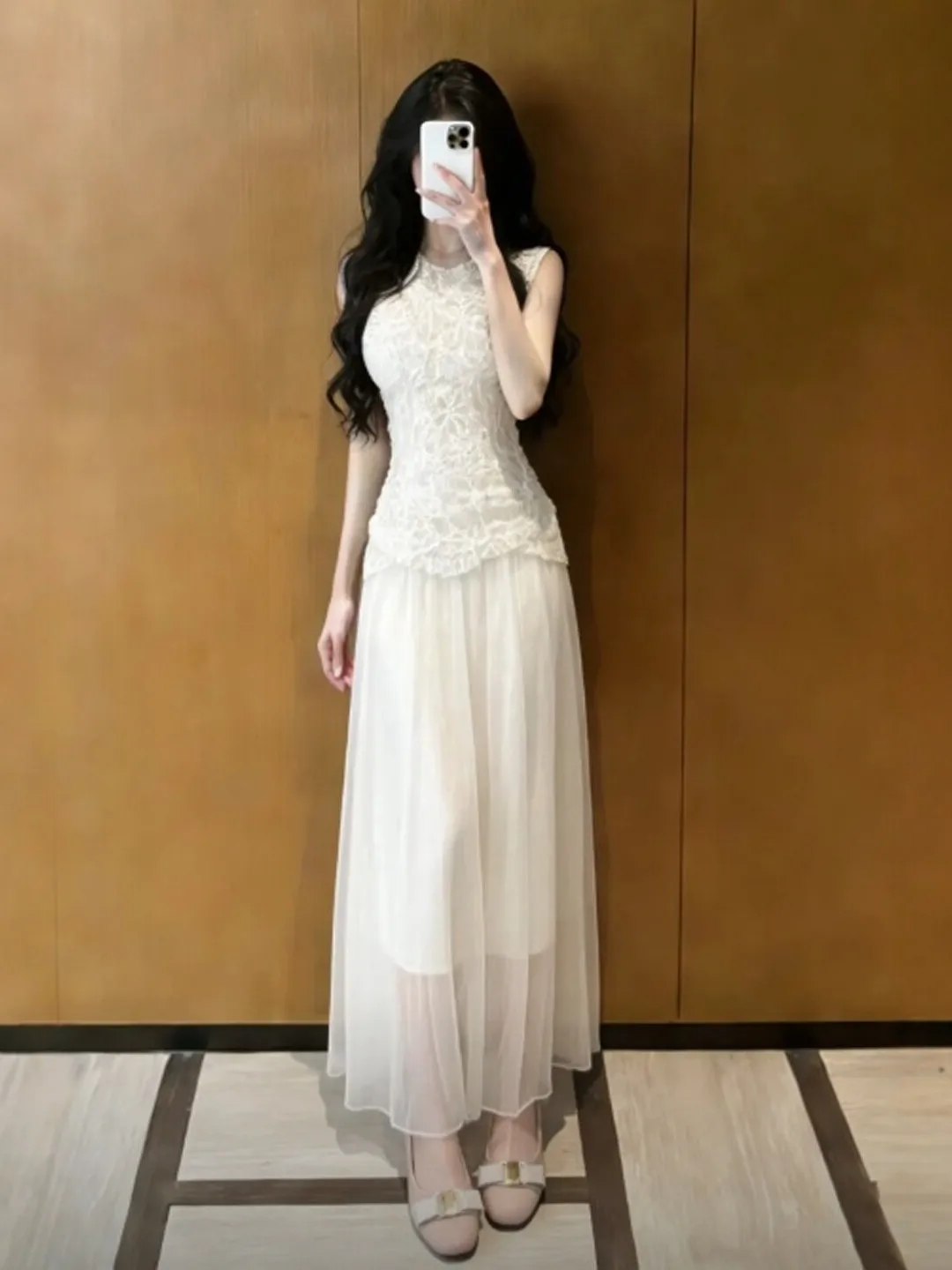

Unique Beautiful Lace Splicing Tulle Strap Dress Gentle Wind Style Age Reduction Summer Fashionable Dresses Cotton Material