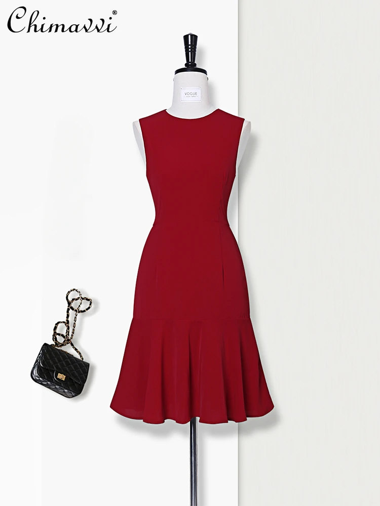 

Elegant Sexy Hepburn Style Red Dress Women French round Neck Sleeveless High Waist Slim Fit Sheath Ruffled Fishtail Dress Women