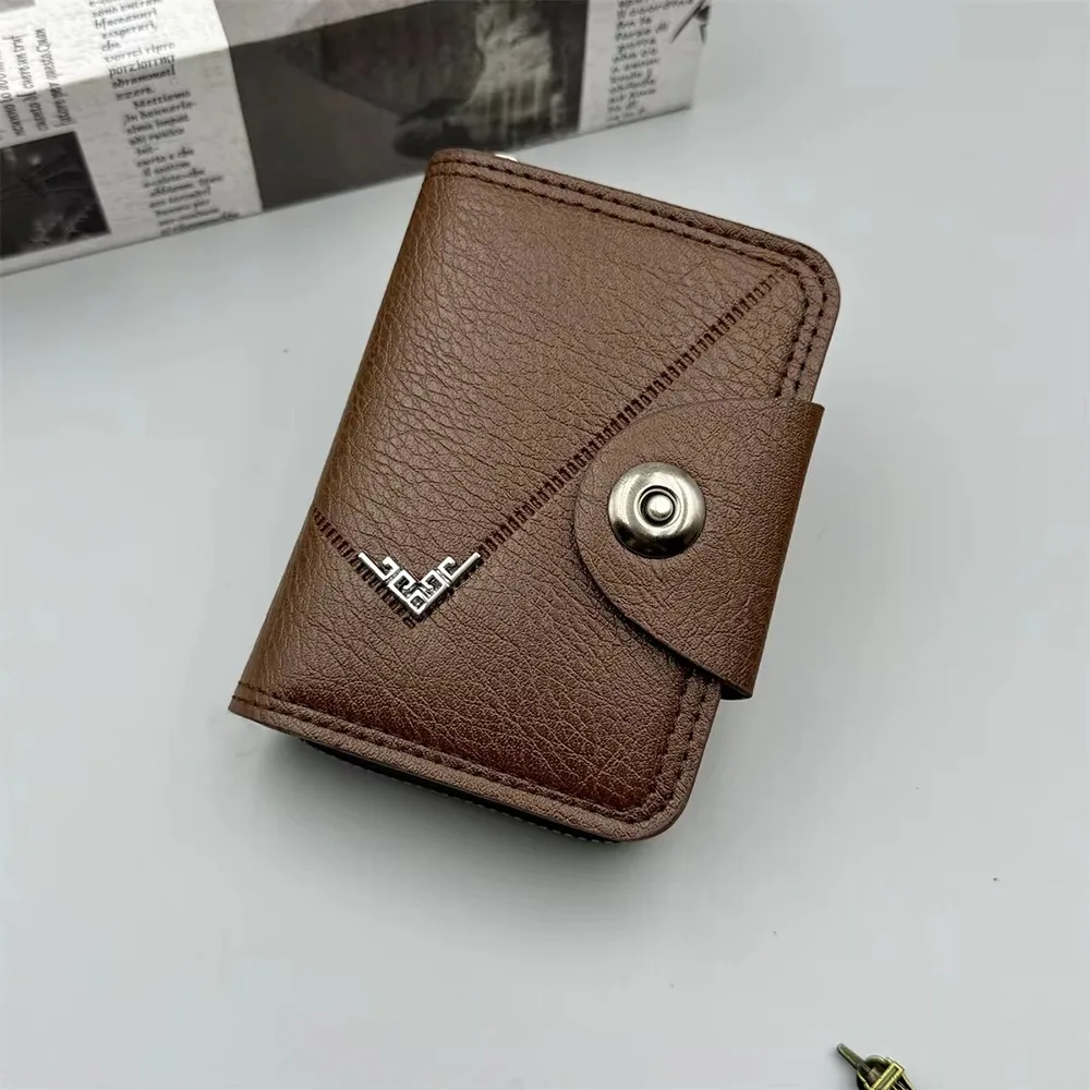 1Pcs PU Leather Short Wallet Compact Zipper Closure Multi-Slot Card Holder Black Brown Snap Closure Card Holder Wallet