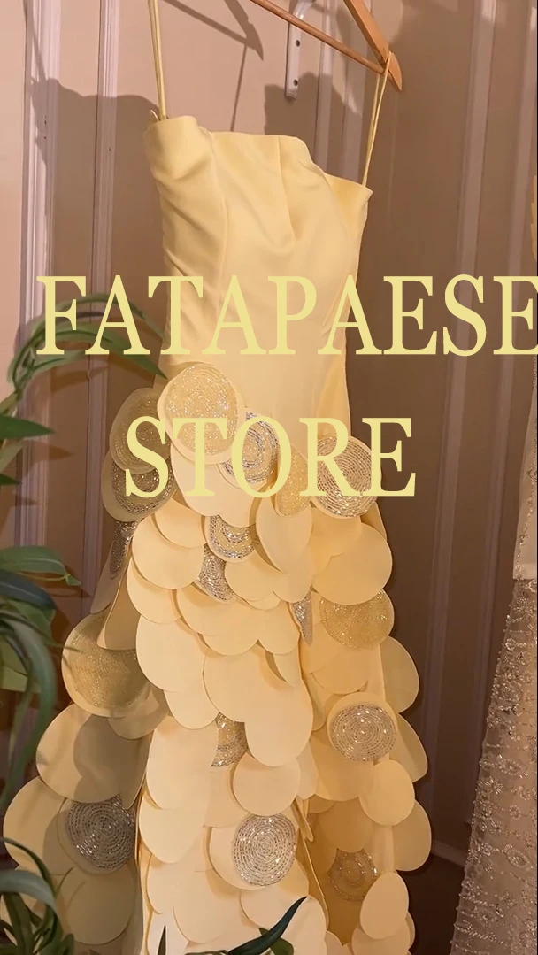 

FATAPAESE Customized Yellow Evening Gown Strapless Coreset Sleeveless Circle Beaeding Folded Skirt Maxi Skirt Special Clothes