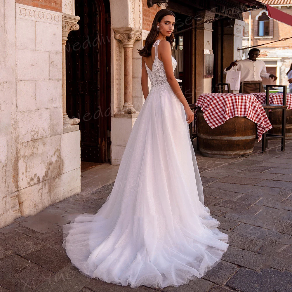 Vestido De novia De corte en A para mujer, traje Sexy bohemio, elegante, con Apliques De encaje, moderno, con tirantes finos, sin mangas