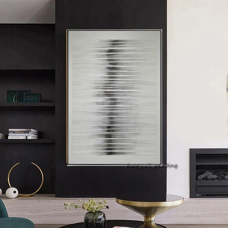 The Handpainted Black Line Oil Painting Hand-Painted Simple Abstract Gray Oil Painting Modern Art Home Decor Wall White Drawing