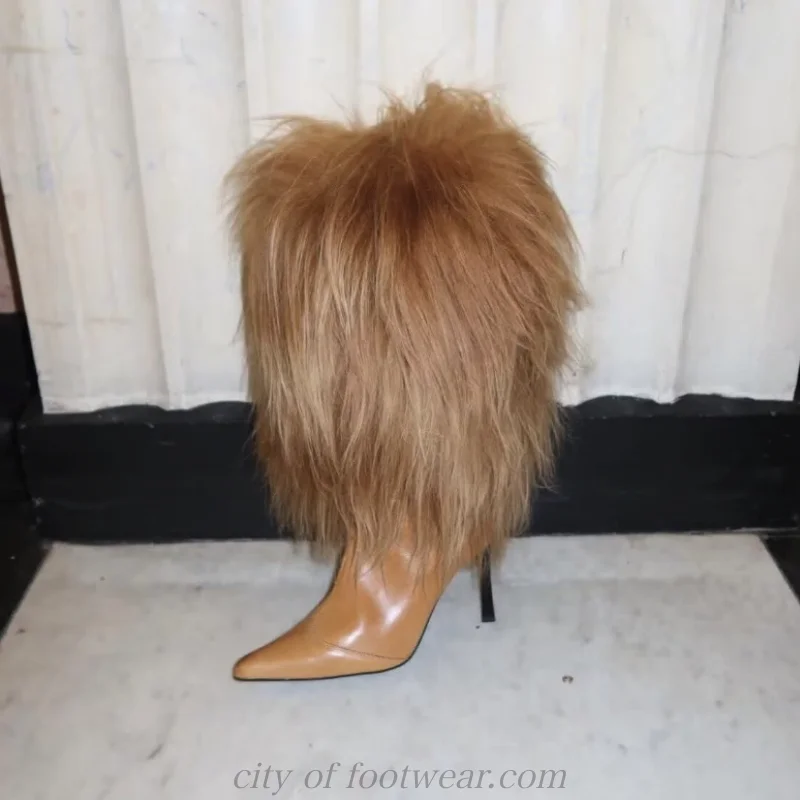 

Hot Chick Long Hair Pointy Toe Ankle boots White/Black/Brown High heels big size fur winter new in booties designer party shoes