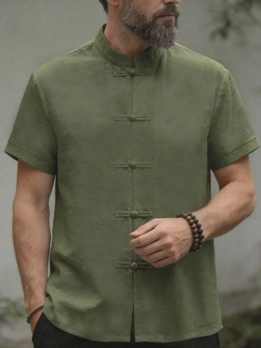 GOLDREDY Men's New Chinese Style Stand Collar Shirt, Solid Color Minimalist Business Casual Short Sleeve Shirt