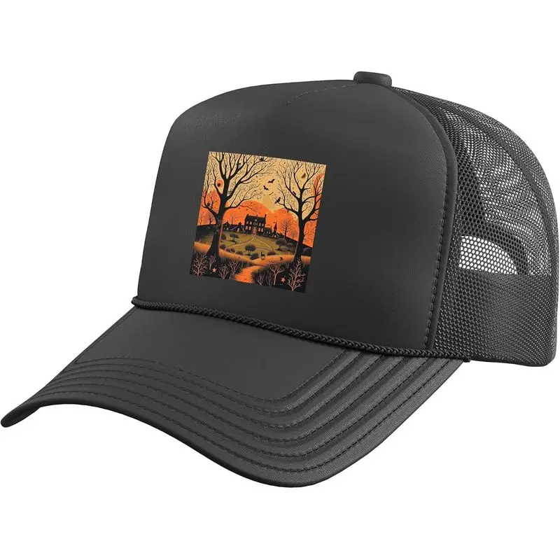 Halloween Vintage House Pumpkins Horror Spooky Bats Moon Trucker Hat with Adjustable Mesh Back