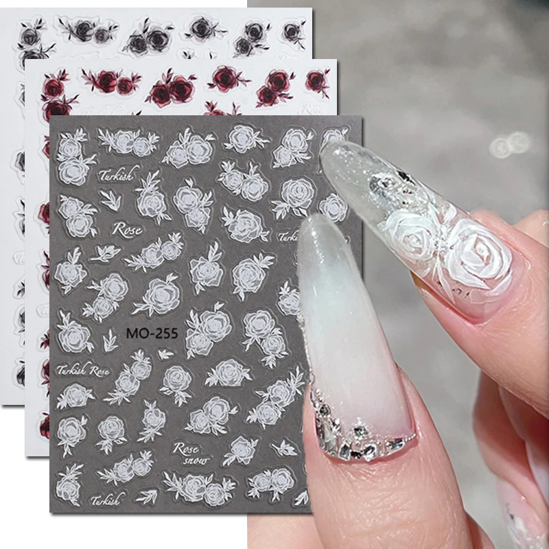 

5d Embossed Red Grey White Semi-transparent Roses Flowers Nail Art Decals Stickers For Nails Art Manicures Tips Decorations