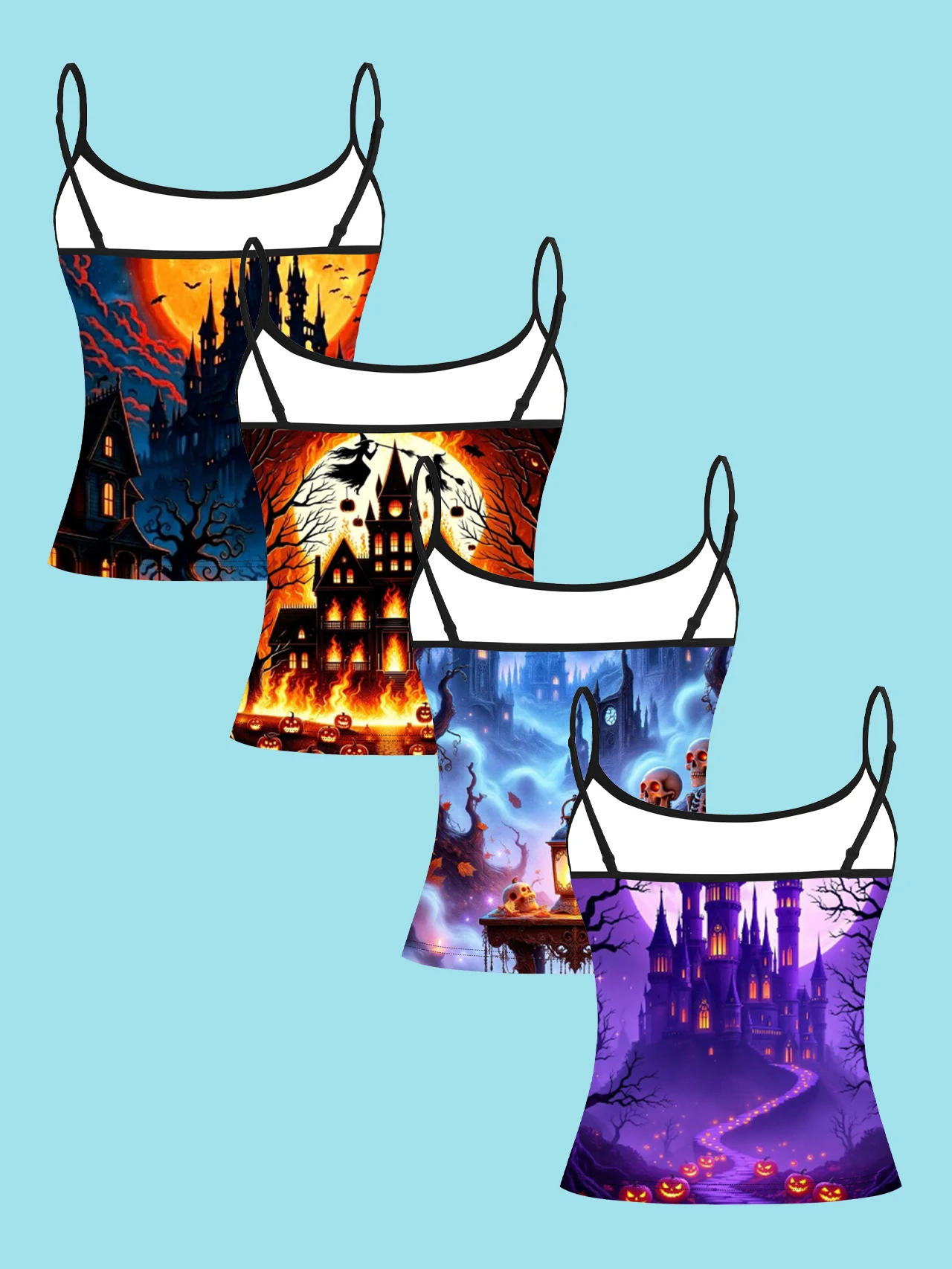 4-Piece Set of Halloween Ghost Castle Witch Full Moon Pumpkin Print Camisole Tops for Women, Gothic Style Spaghetti Strap Slim-Fit Inner Tops