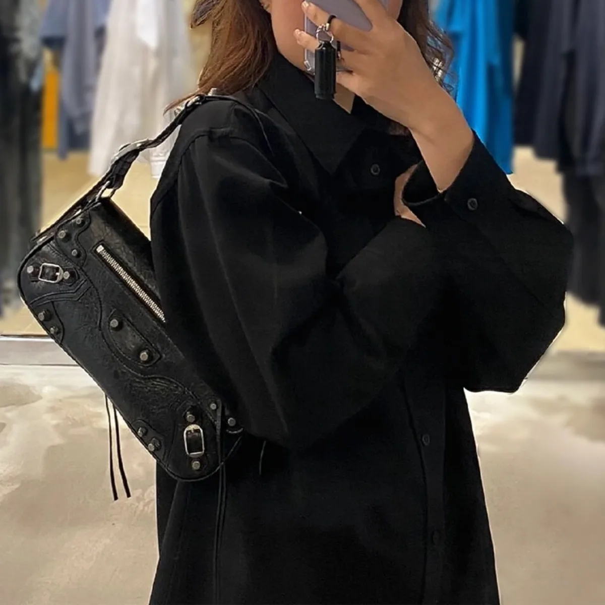 Single Shoulder Locomotive Bag Damen, Premium Sense Rivet Baguette Bag Leder Single Shoulder Achseltasche