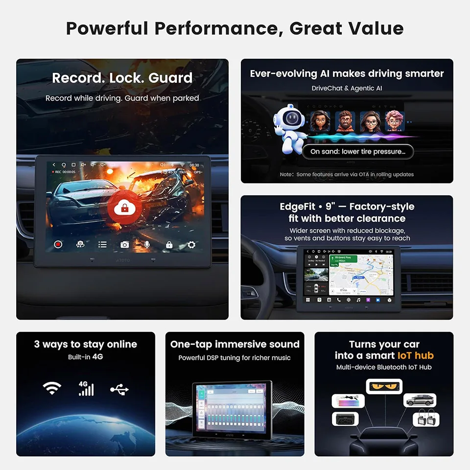 ATOTO 9 inch QLED Android Double Din Car Stereo Built-in 4G LTE