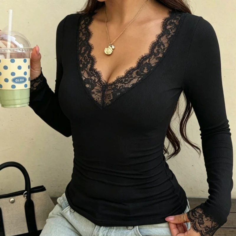 Chic New Spring Autumn Y2K Solid Color Lace Patchwork Slim Long Sleeved T-shirt Versatile Casual V-neck Women's Sexy Short Top