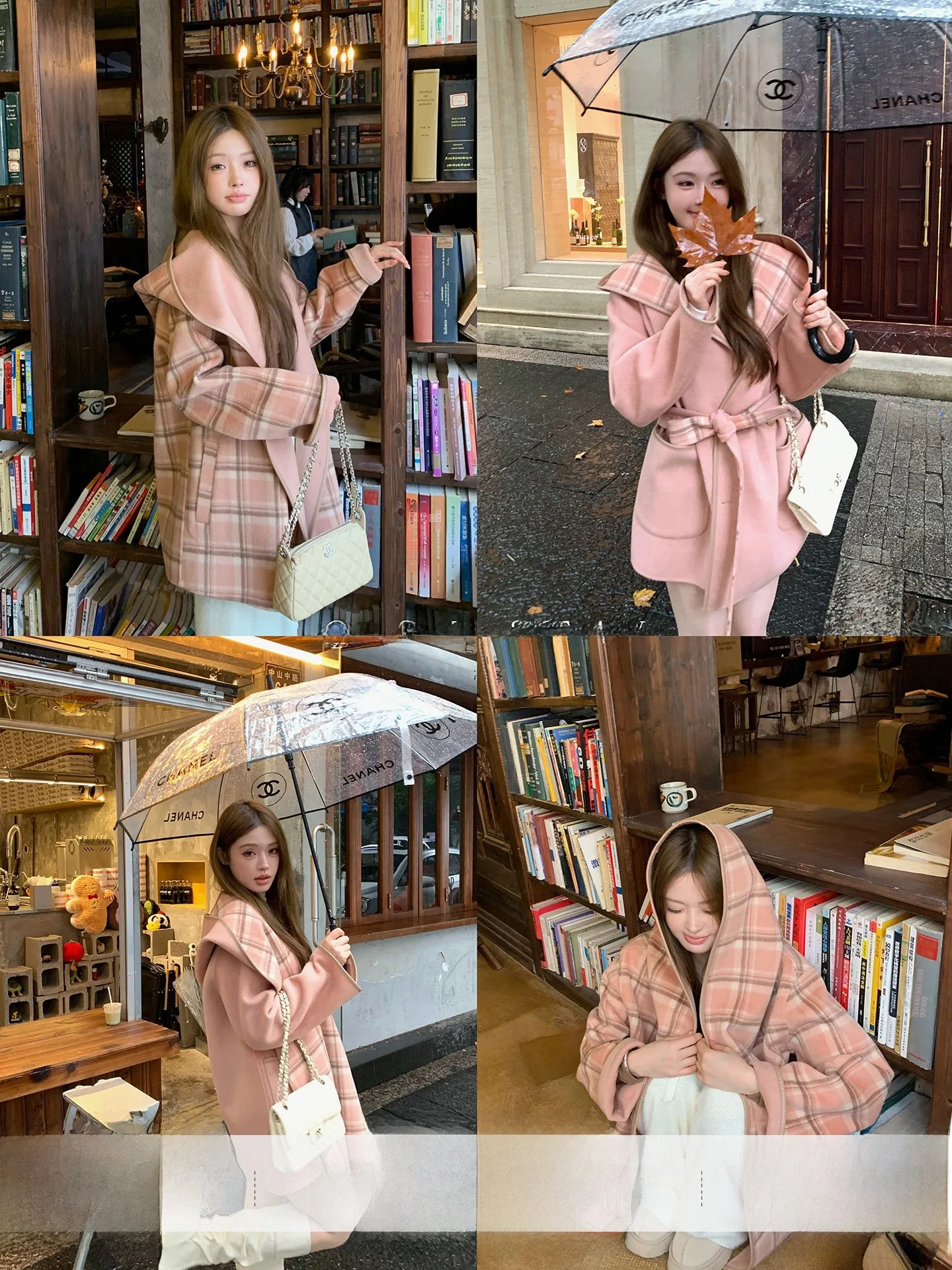 

Двустороннее шерстяное пальто в клетку для женщин, средней длины, повседневное, розовое, из чистой шерсти, от Qiu Rouyao