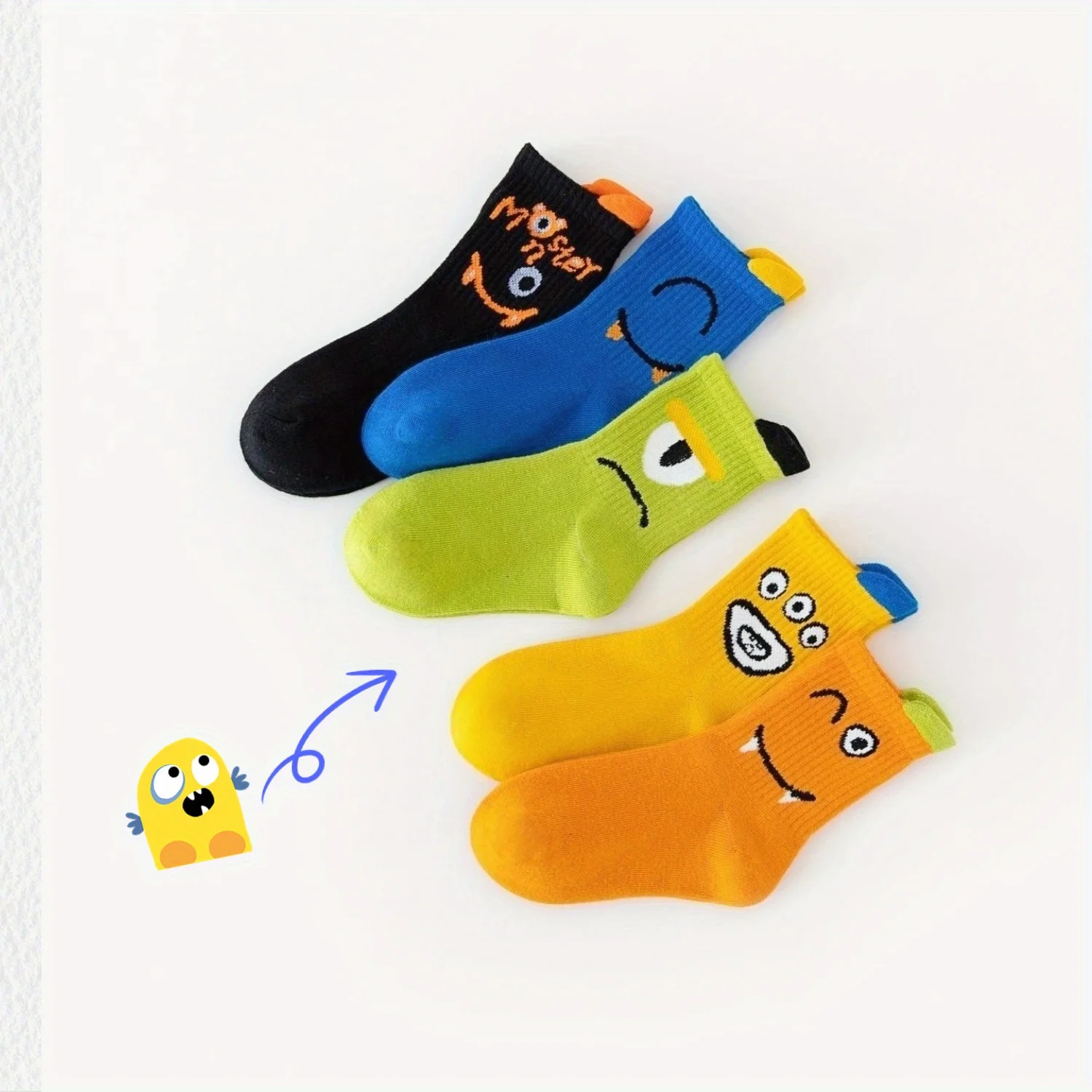 5‑Pack Kids Cartoon Monster Socks Bright Color Face Print Soft Cotton Breathable Mid Calf Boys Casual Socks