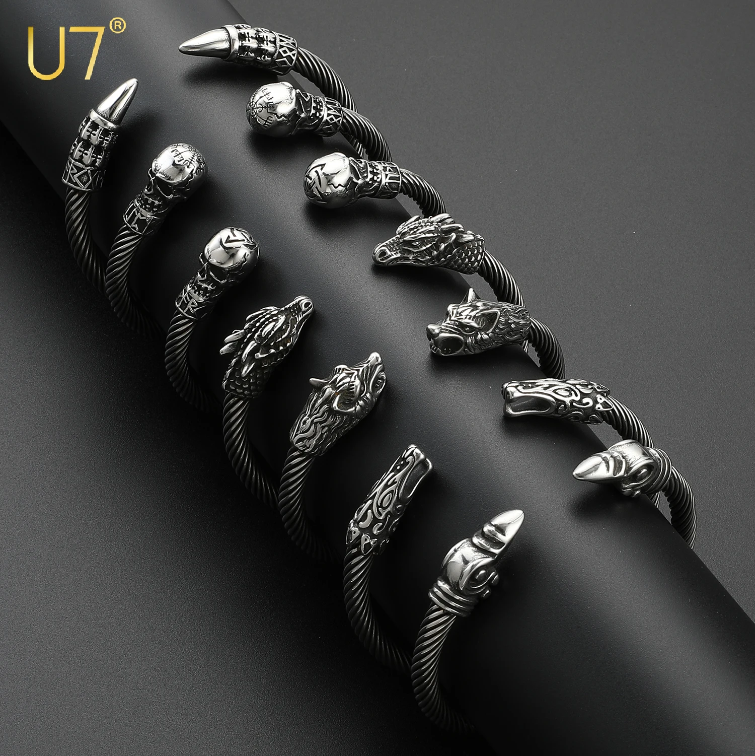 U7 Stainless Steel 6mm Wide Twristed Cable Open Bangle Cuff for Man Skull Dragon Long Charm End Rock Gothic Punk Jewelry Gift