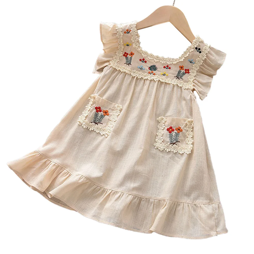 Bear Leader – robe d'été brodée de fleurs pour filles, tenue de princesse rétro à manches volantes, vêtements décontractés pour enfants de 2 à 6 ans