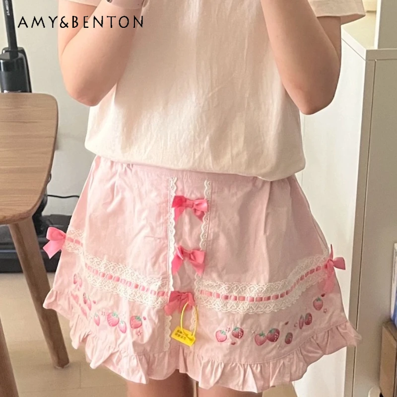 

Japanese Summer Bowknot Fruit Lace Splicing Heavy Embroidery Women's Short Skirt Original Design Sweet Cute Mini Skirts Ladies