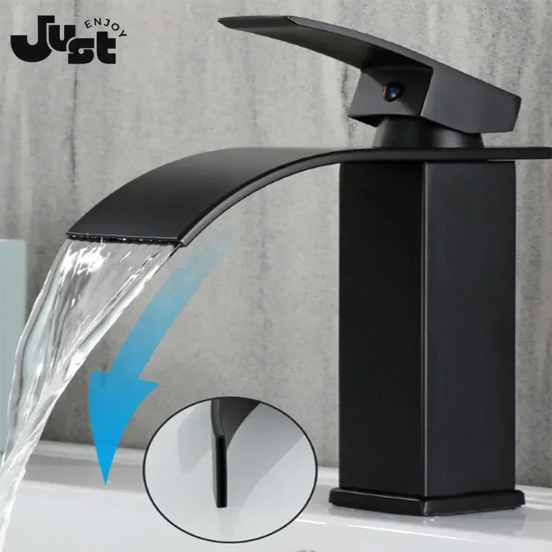 

Black Stainless Steel Waterfall Sink Faucet, High Style Hot and Cold Mixer, Countertop Installation Wash Basin Faucet