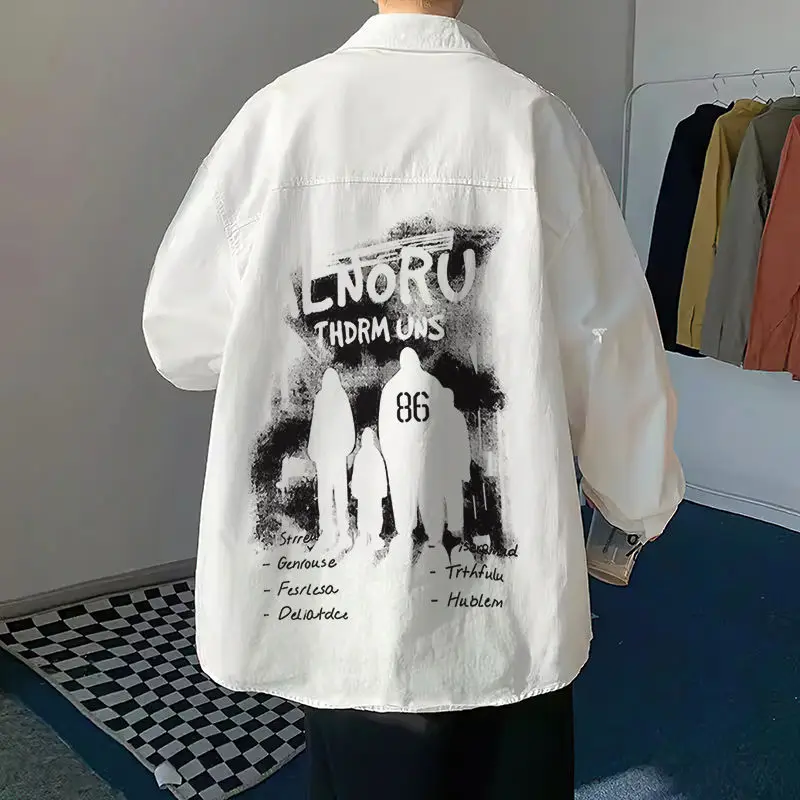 Men's 2024 Spring and Autumn New Splicing Square Collar Button Letters Fashion Loose and Versatile Casual Long Sleeve Shirts