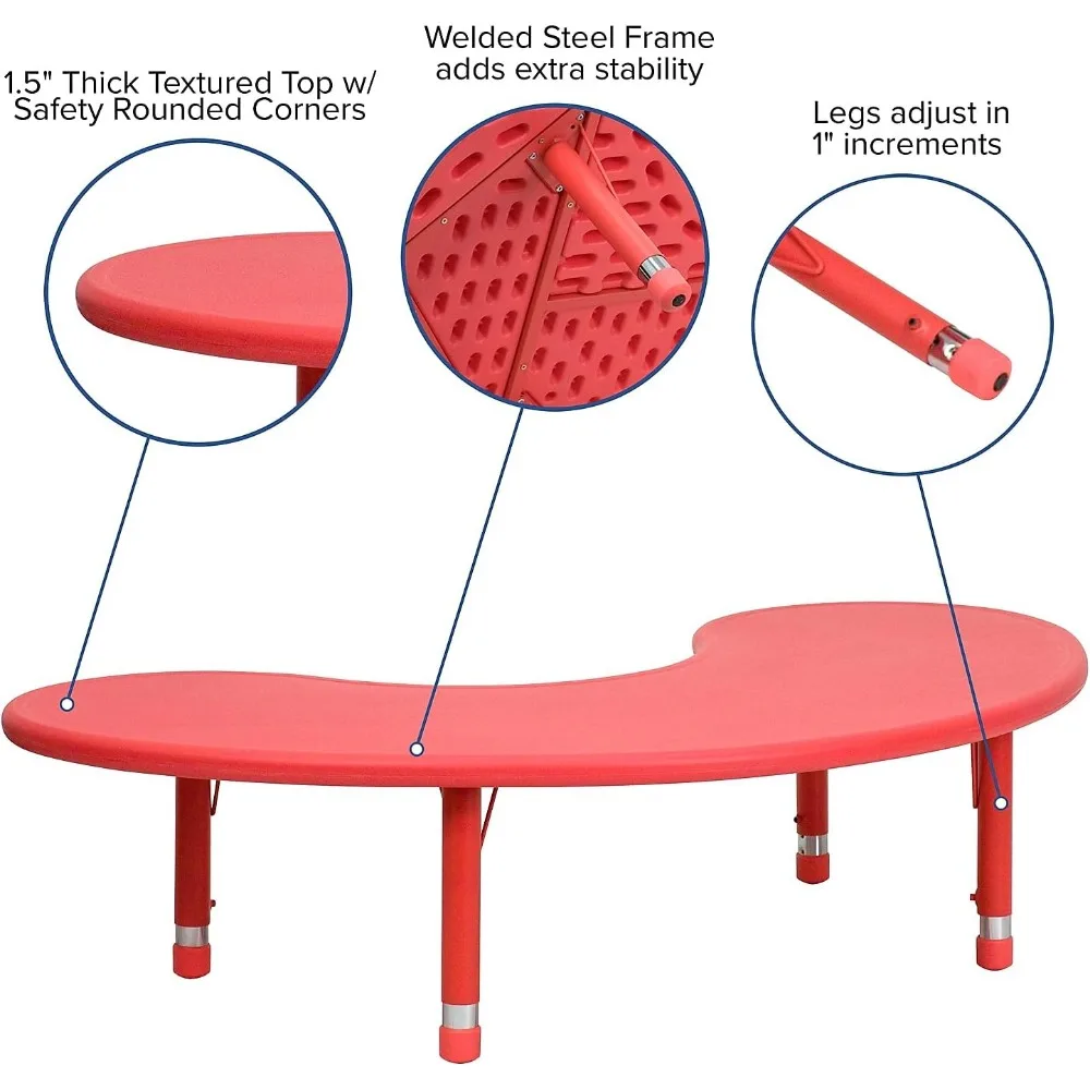 Half-Moon Blue Plastic Height-Adjustable Activity Table, 35 Wide x 65 Long