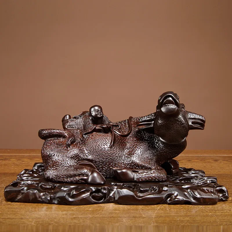 Ebony wood carving recumbent cow ornament solid wood animal zodiac cow shepherd boy riding cow home office decoration gift