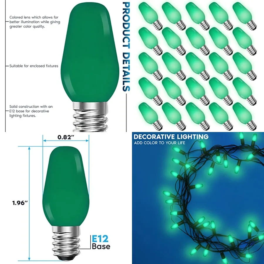 25-Pack C7 LED Replacement Light Bulbs for String Lights, 0.5W, Shatterproof Colo Candelabra Bulb, Enclosed Fixture Rated, UL,