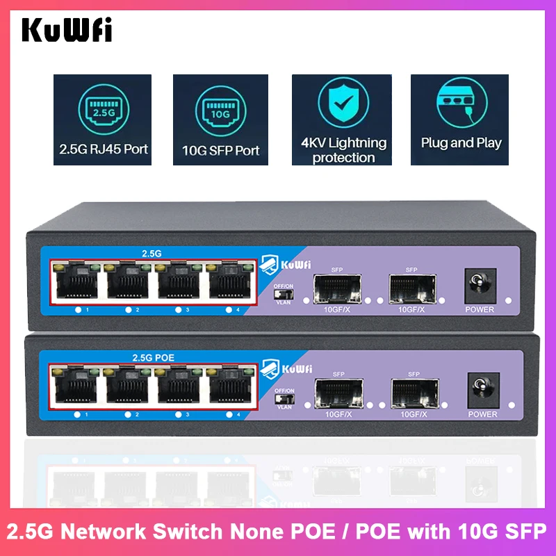 

Сетевой коммутатор KuWFi 2,5G, 4-портовый, без портов POE или 48 В, Ethernet-коммутатор, порт 10G SFP, поддержка IP-камеры, маршрутизатор AP MDI/MDIX VLAN