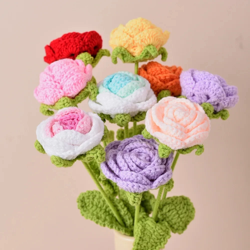 Handmade Knitting Gradient Blue Rose Bouquet Home Decoration Artificial Crochet Fake Flower Valentine\'s Day Wedding Party Decor