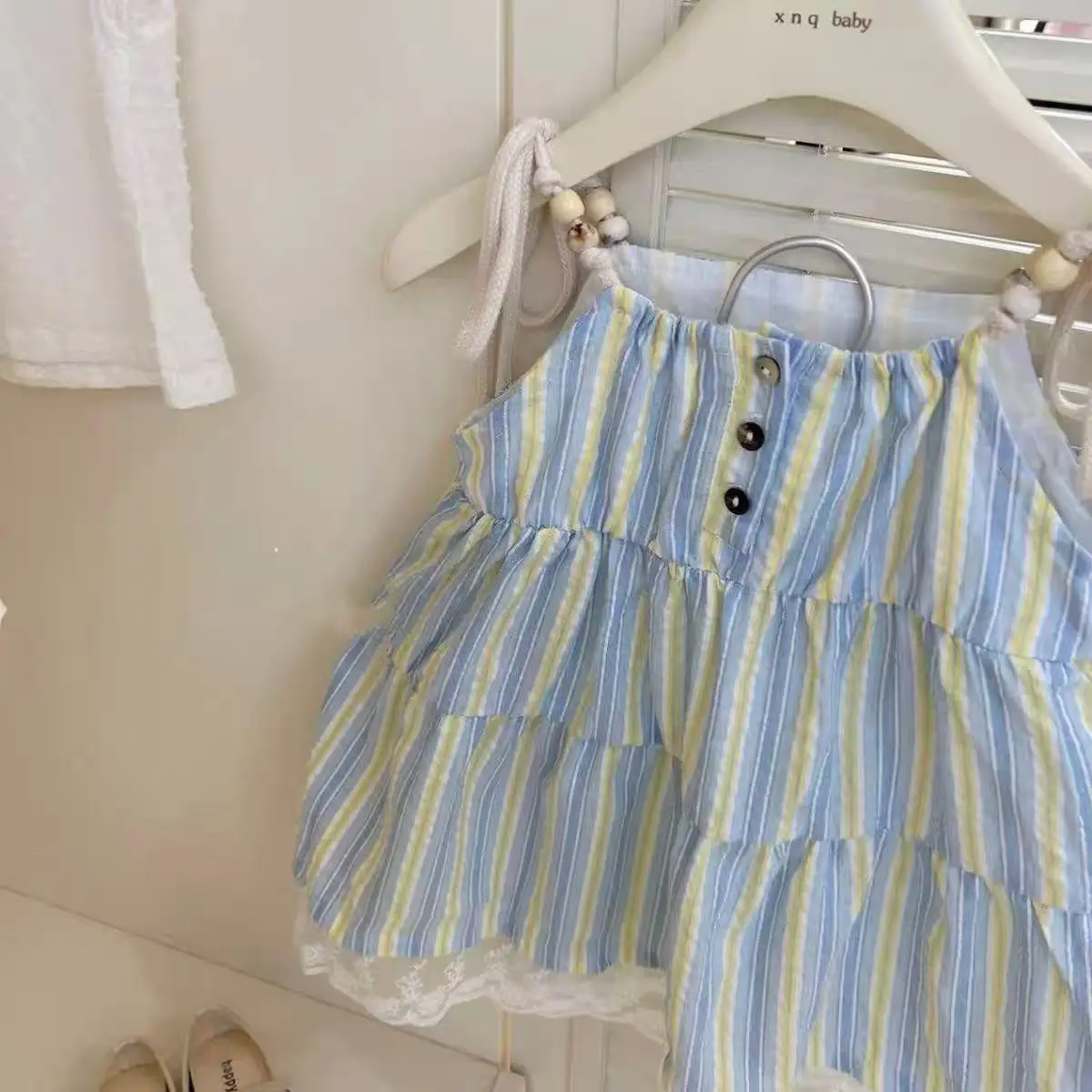 French Style Girls Summer Dress- Sky Blue & Mint Striped Sleeveless Dress + Floral Lace Trim Hat & Loafers Organic Cotton Outfit