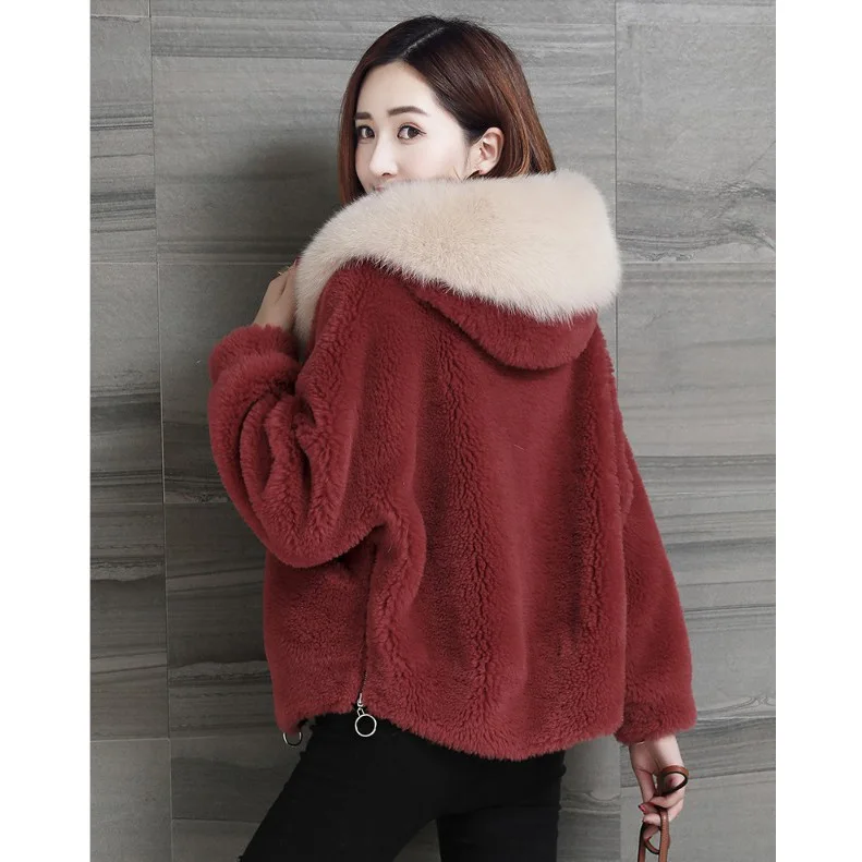 Hạt Nhung Phối Áo Có Mũ Nữ Giả Lông Cừu Shearling Áo Khoác Lớn Cổ Lông Ngắn Giả Len Áo Hạt