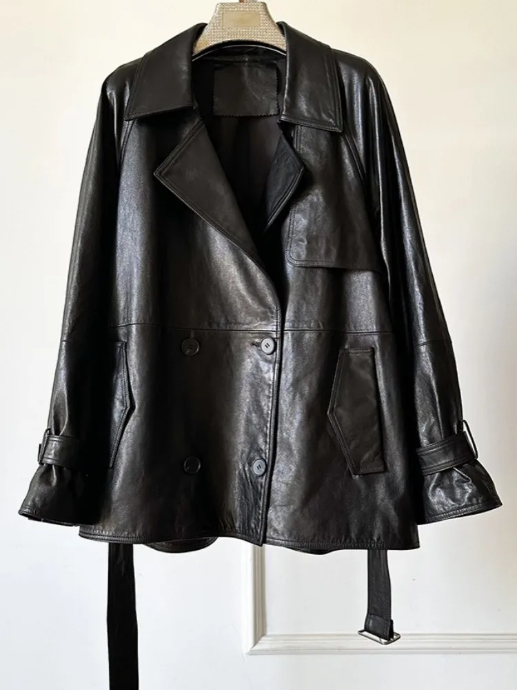Britischer Stil für Damen, einfarbig, Revers, echtes Leder, Schärpenjacke, lockere einreihige, lange Ärmel, Schaffell-Oberbekleidung