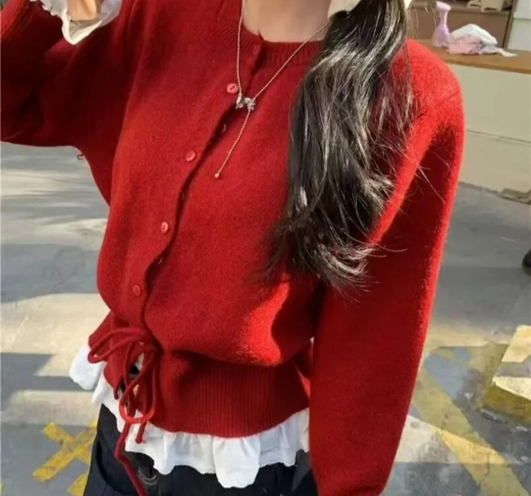 Herbst Winter Neue Kordelzug Taille Nach Inward Kleidung Koreanischen Stil Langarm Spitze Splice Gestrickte Pullover Mantel frauen