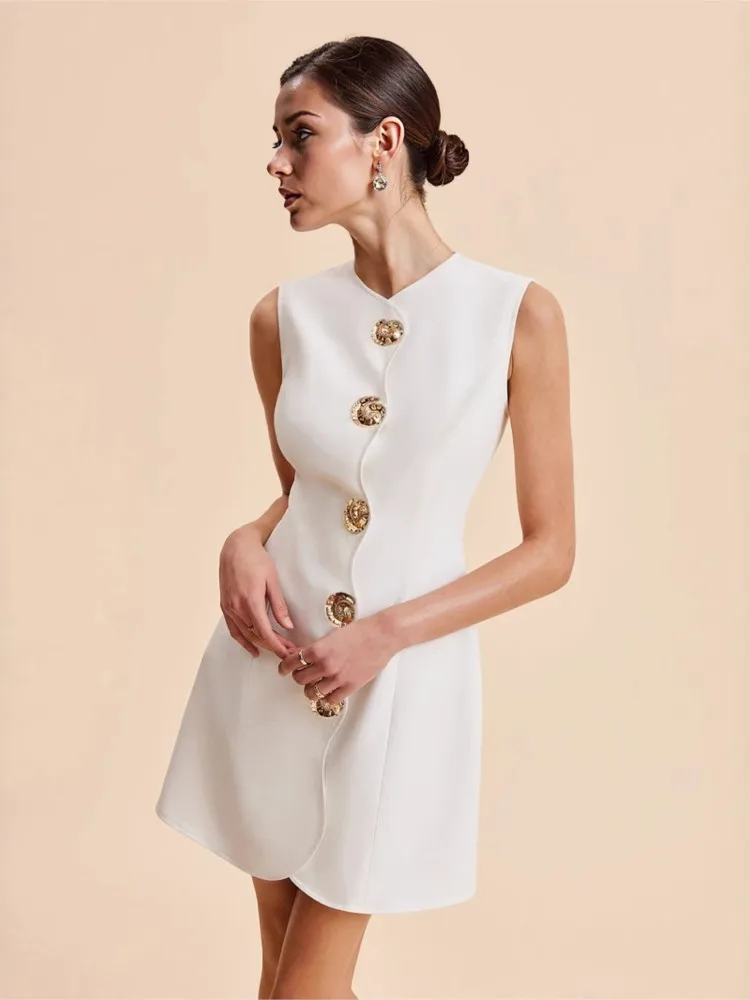 

2026 Summer Temperament Dress Dresses Elegant Woman Vestidos Vestido Intellectual Solid Color Wavy Sleeveless Slim Banquet Chic