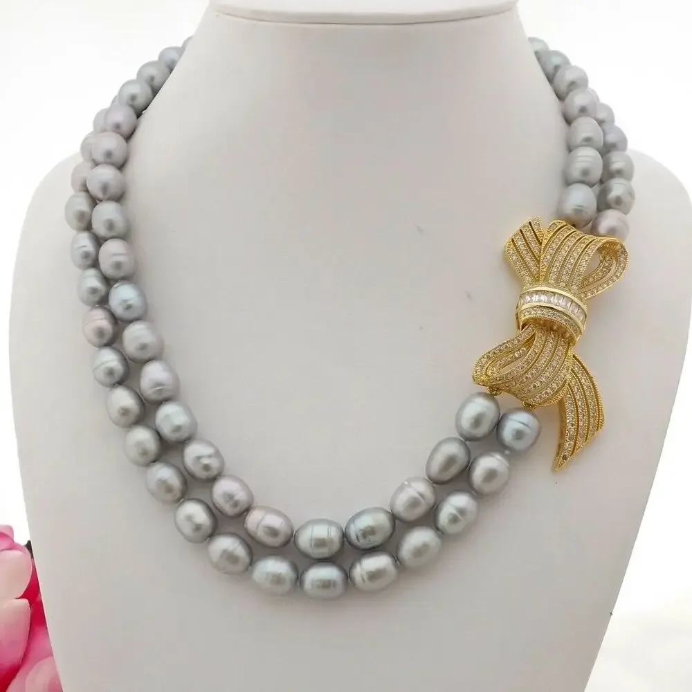 

19"-20" 2Strands Grey Rice Pearl Necklace CZ Pendant