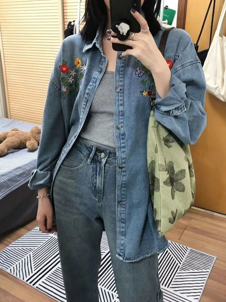 Embroidered Spring Autumn Denim Jacket Women Turn-down Collar Long Sleeve Single Breasted Blouse Casual Fashion Loose Shirts