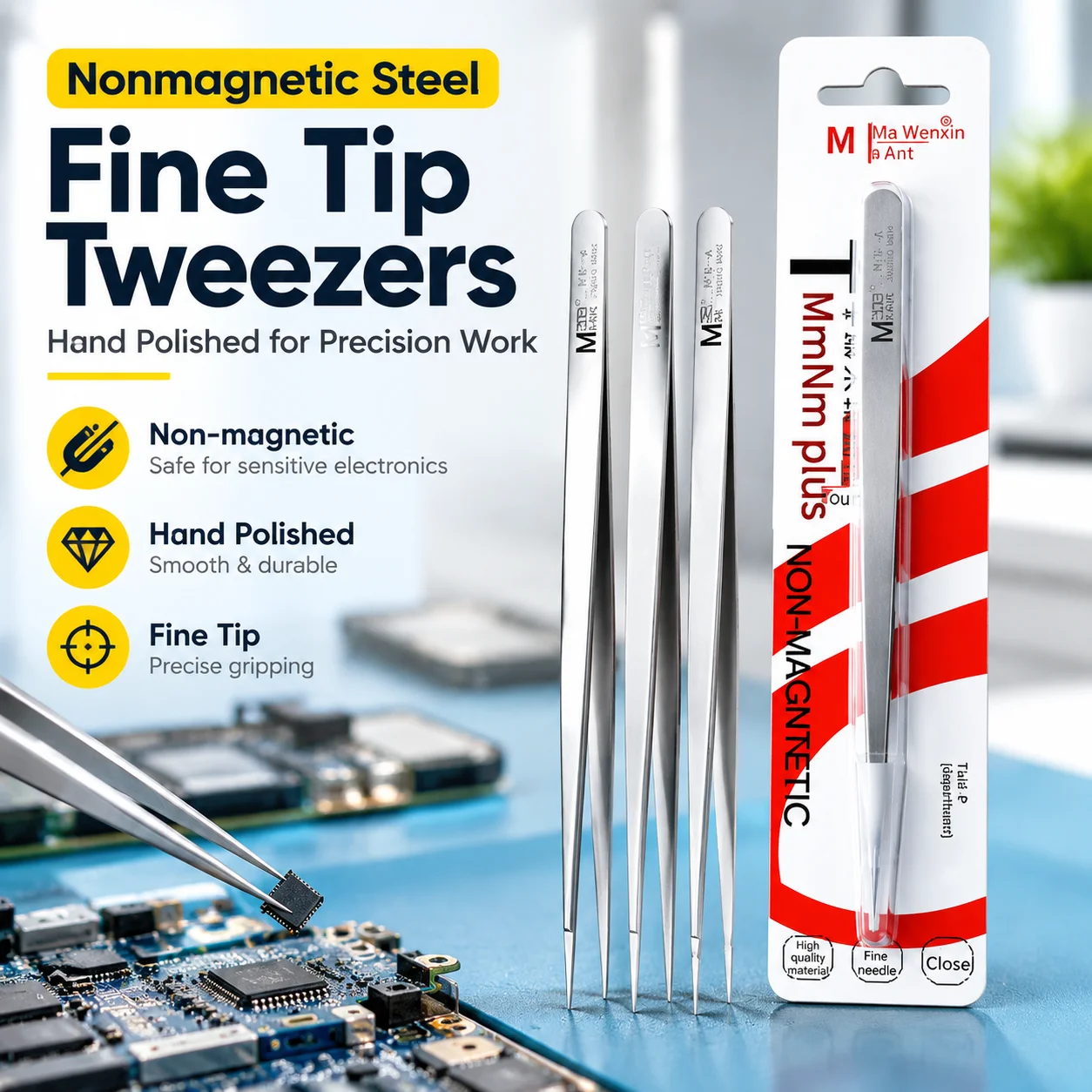 Nonmagnetic Steel Fine Tip Tweezers Hand Polished for Motherboard Fly Line Gripping Phone PCB Chip Repair Auxiliary AK007