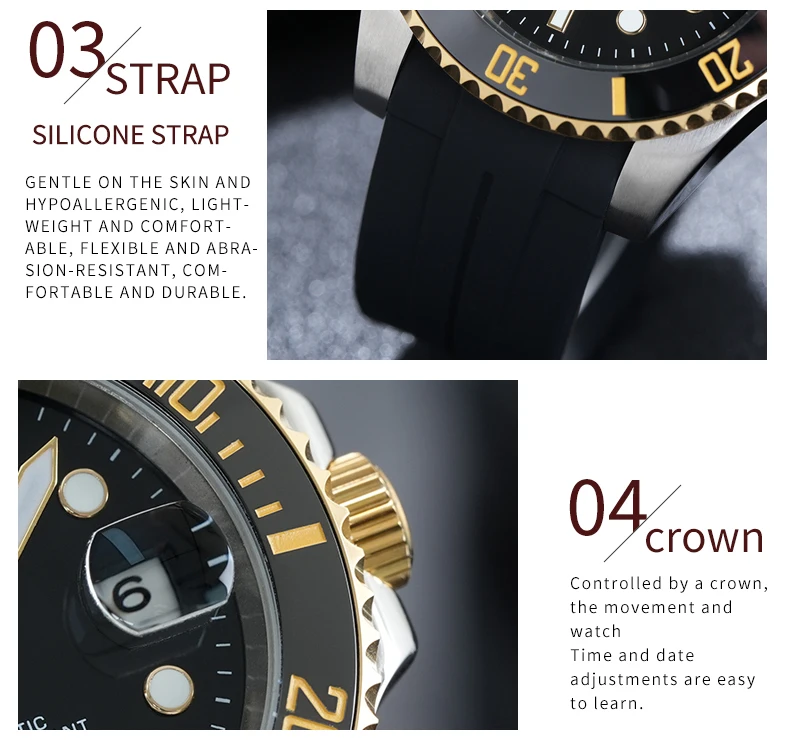 DEESIO Men's Luxury Full Automatic Mechanical Watch, Black-Golden Dial, Luminous Self-Winding, Date Calendar, High-Hardness Mineral Glass, Soft Silicone Rubber SweatproofStrap,Upgrade 100M Water Resistant, Business Casual Sport Analog Round Gift for Men