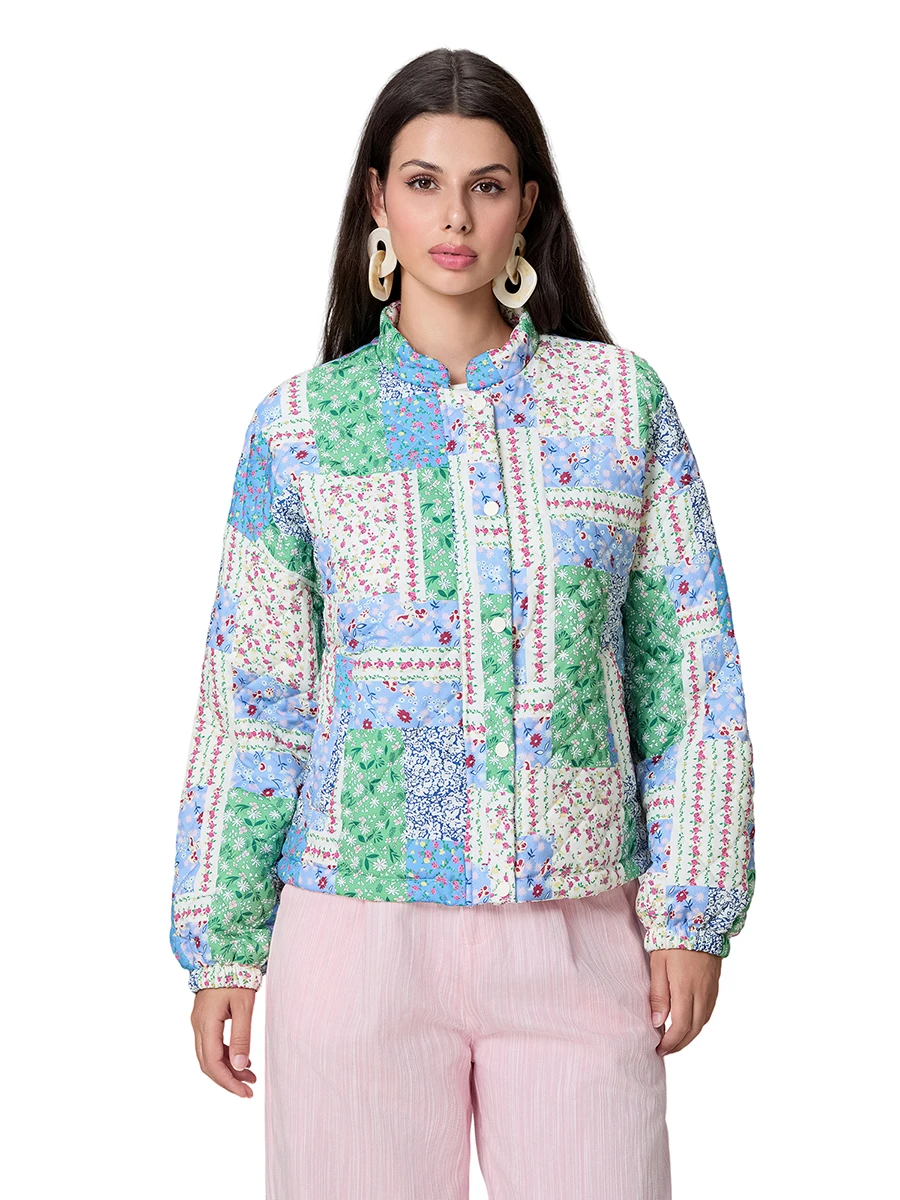 Chaqueta acolchada con estampado Floral para mujer, abrigo de manga larga con botones, ropa de invierno