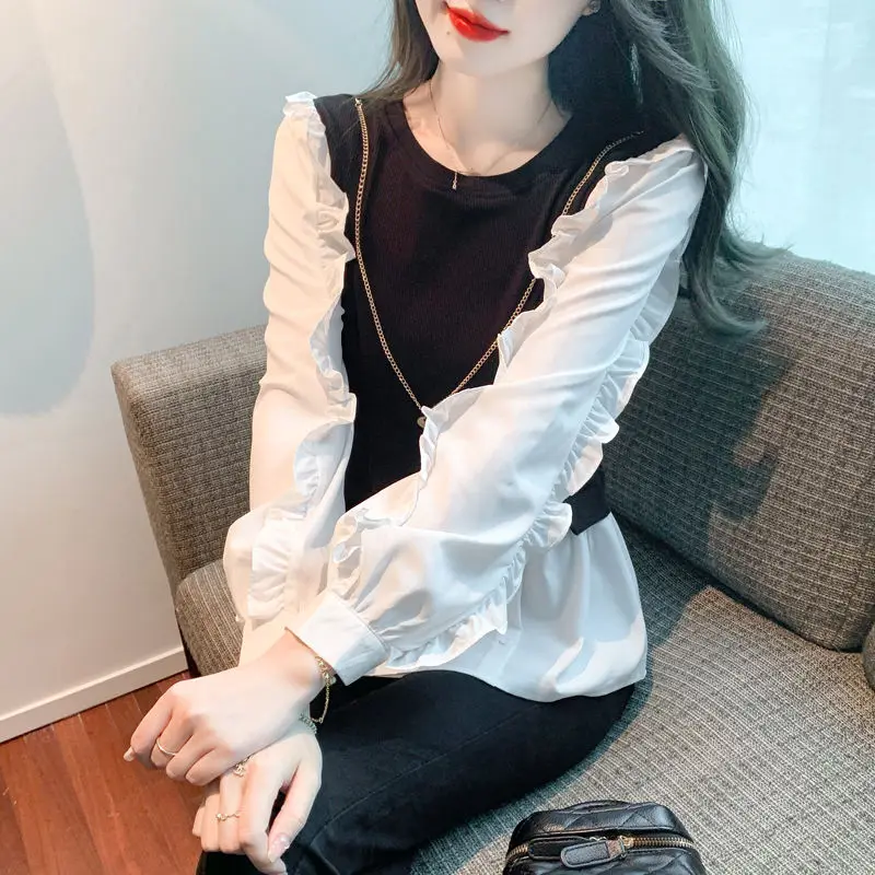 Fake Two Piece Patchwork Contrast Blouse Spring Autumn New Long Sleeve Pleated Elegant Shirt Tops Fashion Korean Women Clothing