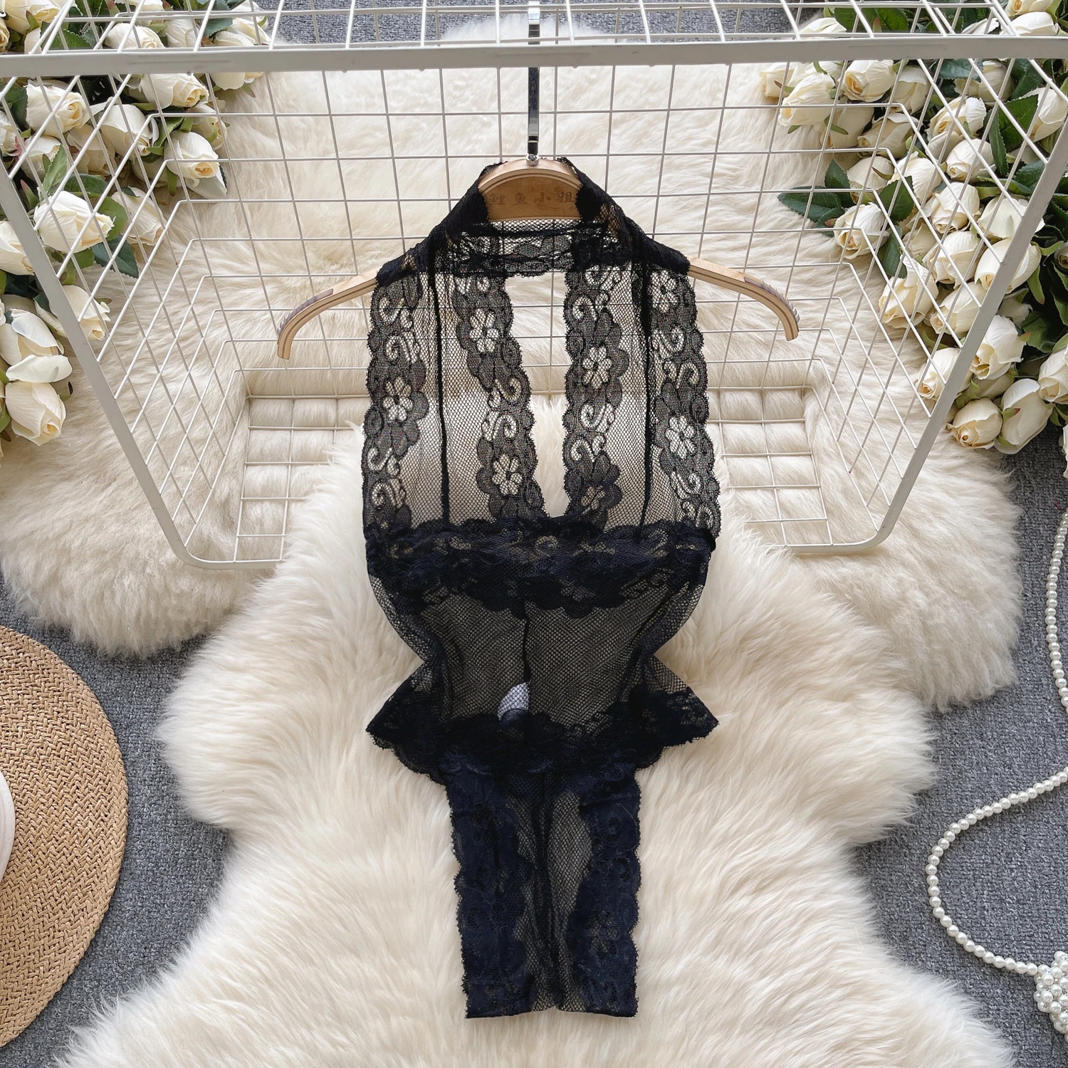 Women\'s Sexy Halter Lace Jumpsuit Hollowed Transparent Lingerie Backless Fashion Pajamas High Waisted Slim Fit Erotic Bodysuit