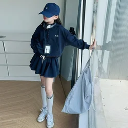 Girls Fall Set 2024 New Fashion Girls Korean Preppy Hoodie Pleated Skirt Two-piece Set Clothes Korean Simple Style Clothes